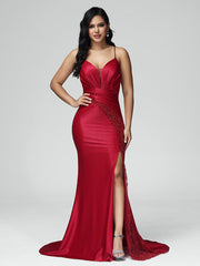 Sweep Train Criss-Cross Straps Satin Prom Dresses With Embroidery