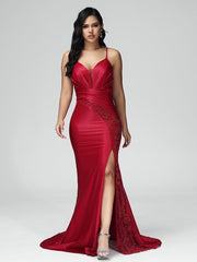 Sweep Train Criss-Cross Straps Satin Prom Dresses With Embroidery