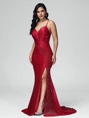 Sweep Train Criss-Cross Straps Satin Prom Dresses With Embroidery