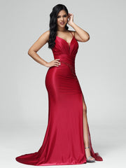 Sweep Train Criss-Cross Straps Satin Prom Dresses With Embroidery