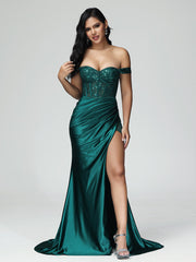 Off the Shoulder Strapless Split Satin Prom Dresses