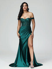 Off the Shoulder Strapless Split Satin Prom Dresses
