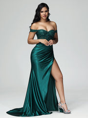 Off the Shoulder Strapless Split Satin Prom Dresses