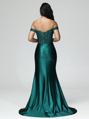 Off the Shoulder Strapless Split Satin Prom Dresses