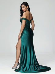 Off the Shoulder Strapless Split Satin Prom Dresses