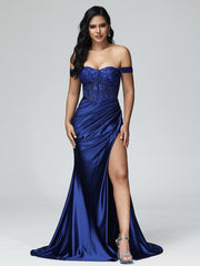 Off the Shoulder Strapless Split Satin Prom Dresses