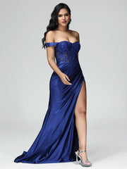 Off the Shoulder Strapless Split Satin Prom Dresses