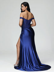 Off the Shoulder Strapless Split Satin Prom Dresses