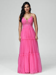 A-line Spaghetti Straps Lace Floor Length Prom Dresses