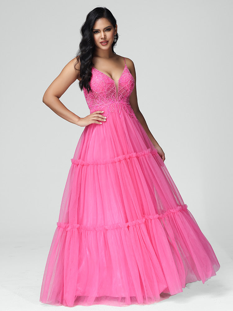 A-line Spaghetti Straps Lace Floor Length Prom Dresses