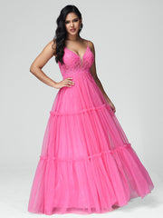 A-line Spaghetti Straps Lace Floor Length Prom Dresses
