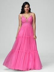A-line Spaghetti Straps Lace Floor Length Prom Dresses