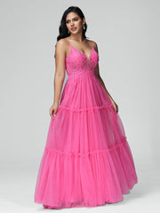 A-line Spaghetti Straps Lace Floor Length Prom Dresses