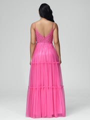 A-line Spaghetti Straps Lace Floor Length Prom Dresses