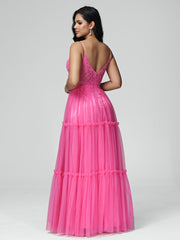 A-line Spaghetti Straps Lace Floor Length Prom Dresses