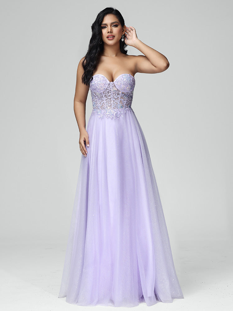 A-line Sleeveless Lace Floor Length Prom Dresses