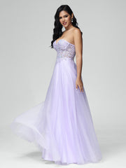 A-line Sleeveless Lace Floor Length Prom Dresses