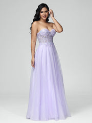A-line Sleeveless Lace Floor Length Prom Dresses