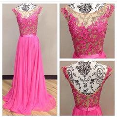 Custom Made A Line Round Neck V Neck Back Pink Lace Prom Dress, Formal Dress, Bridesmaid Dress