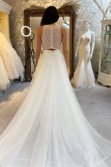 A-Line Two-Piece White Beaded A-Line Long Wedding Dress