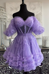 Pink Off-the-Shoulder Ruffles Puff Sleeves Homecoming Dress,Party Dress SH603