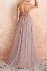 Spaghetti Straps Slit Tulle Prom Dress