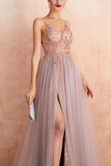 V-neck Grey Pink Tulle Prom Dress