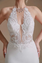 Lace Halter Tassel Backless Mermaid Long Wedding Dress