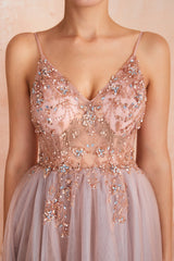V-neck Grey Pink Tulle Prom Dress