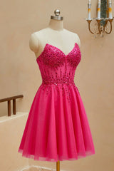 A-line sheer V-neck beaded strapless short mini back to school dress