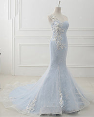 Baby Blue Sweep Train Lace Mermaid Evening Dresses, Formal Dress With Applique HZ0319