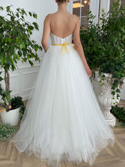 White sweetheart neck tulle long prom dress, white evening dress