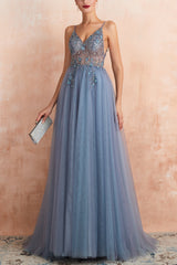 Spaghetti Straps Slit Tulle Prom Dress