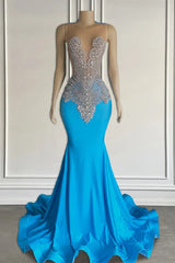 Oceaanblauwe mouwloze mermaid prom -jurk met lange kralen