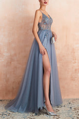 Spaghetti Straps Slit Tulle Prom Dress