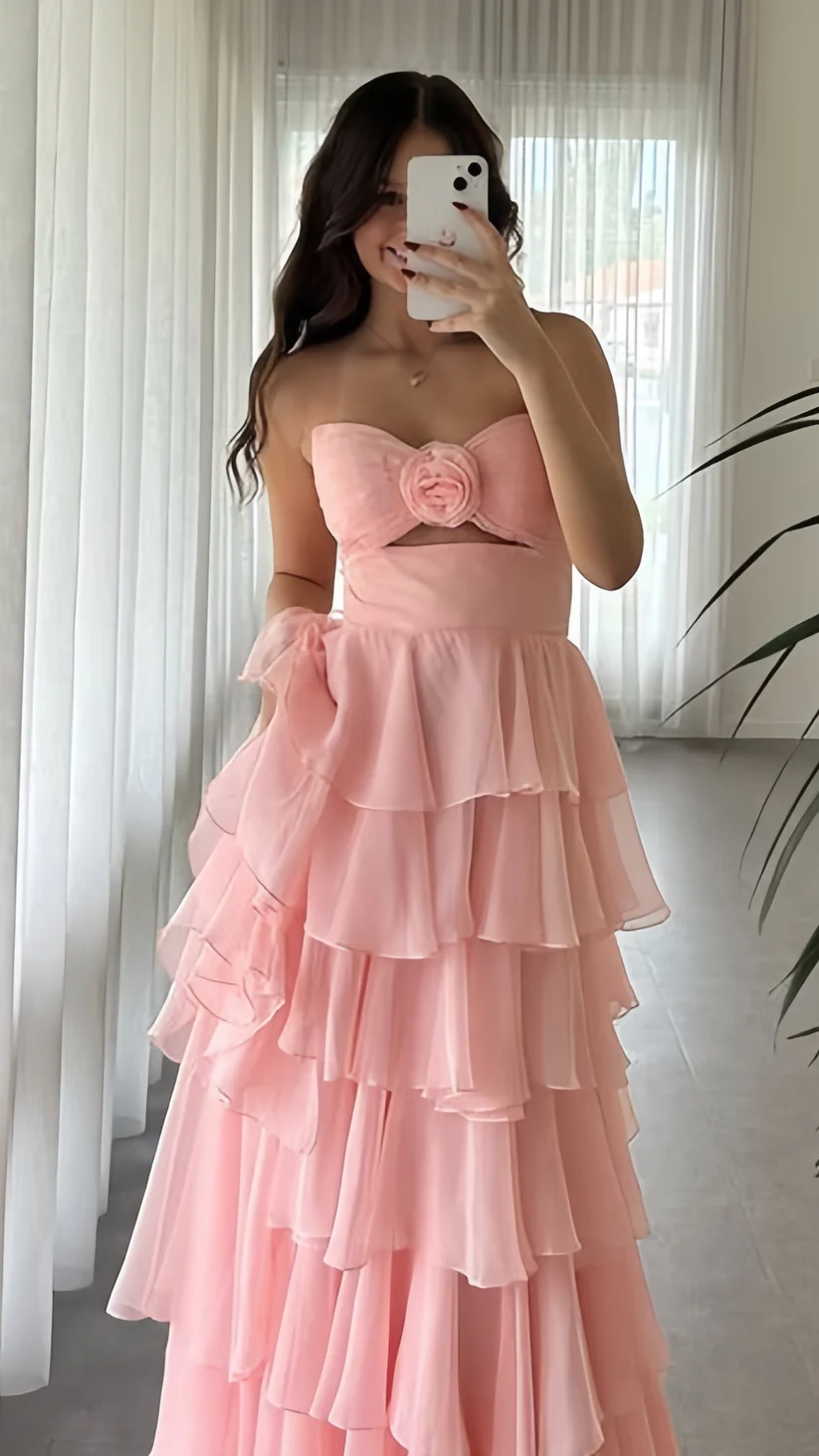 Blush Pink Chiffon Ruffle Prom Dresses Layered Birthday Gown Long