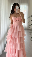 Blush Pink Chiffon Ruffle Prom Dresses Layered Birthday Gown Long