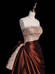 Vintage Strapless Satin Beaded  A Line Evening Dress Prom Gown S194