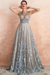 Ice Blue Beaded Applique Tulle A-line Prom Gown