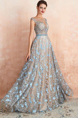 Ice Blue Beaded Applique Tulle A-line Prom Gown