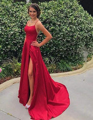 Red Sexy Side Slit Spaghetti Straps Cheap Long Prom Dresses,Formal Dresses,Dance Dress