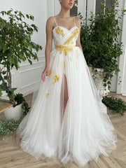 White sweetheart neck tulle long prom dress, white evening dress