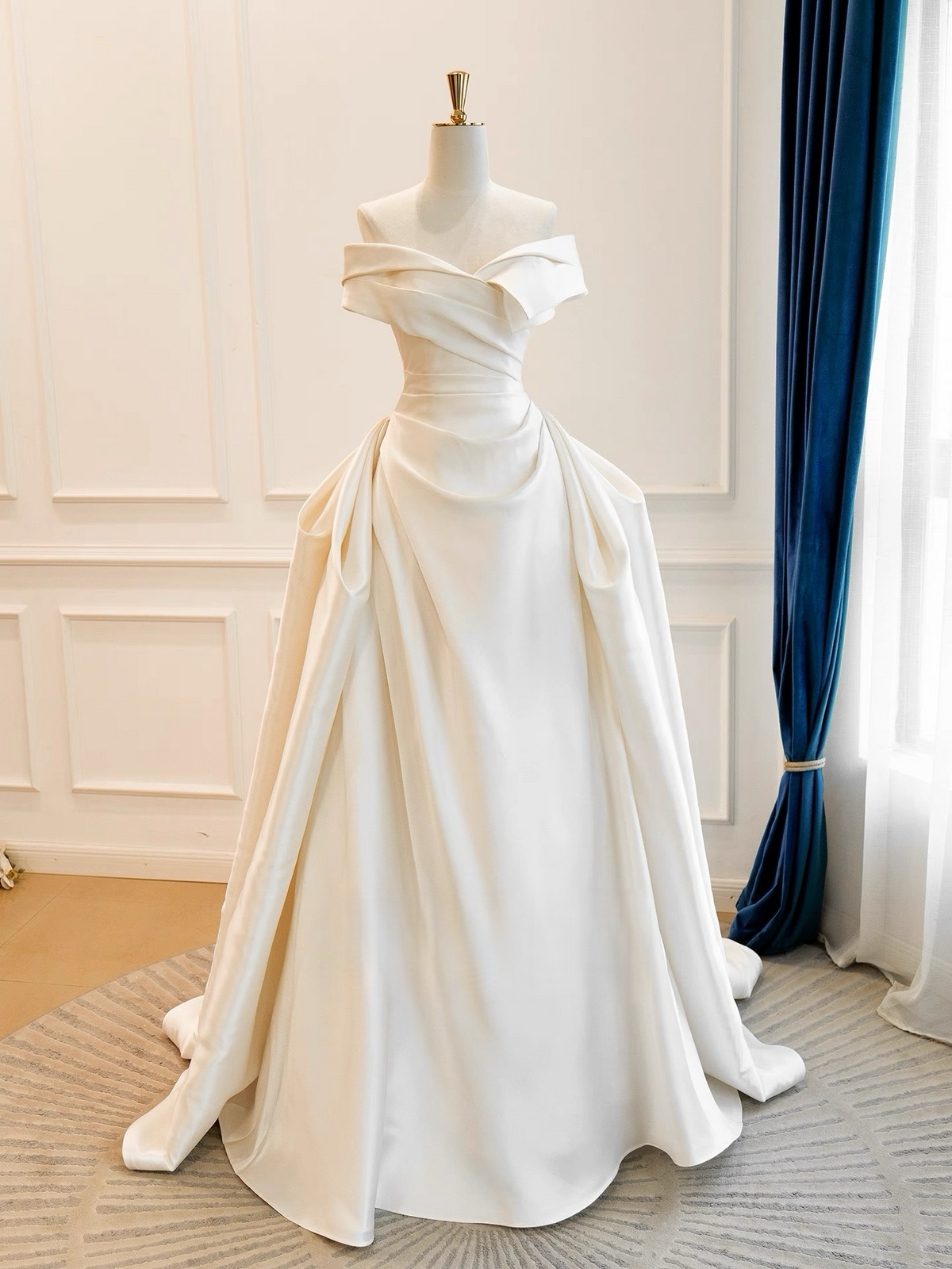 A-Line Off Shoulder Satin ivory Long Prom Dress, ivory Formal Dress