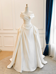 A-Line Off Shoulder Satin ivory Long Prom Dress, ivory Formal Dress