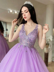 Purple A line tulle lace long prom dress, purple tulle formal dress