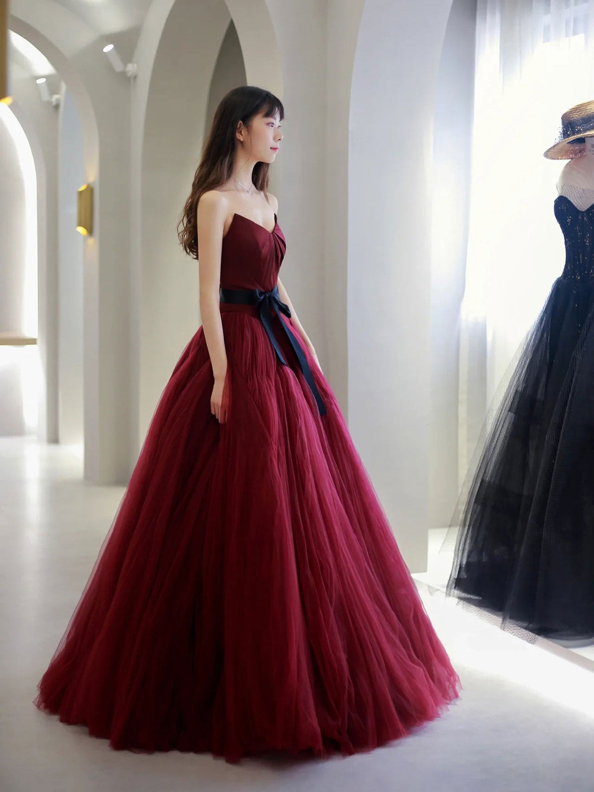 Burgundy V neck  tulle long prom dress, burgundy tulle formal evening dress
