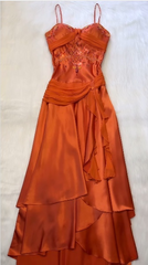 Spaghetti Straps Long Orange Party Dress Satin Evening Gown