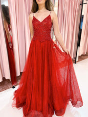 Burgundy A line tulle lace beads long prom dress burgundy evening dress