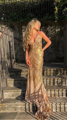 Unique Gold Mermaid Long Prom Dress Evening Dress SH1021