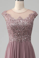 A-line Beaded Chiffon Round Neck Maxi Mother of the Bride Dress